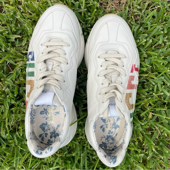 GUCCI Rhyton Leather Sneaker with Rainbow Glitter Logo Low Top, Womens 7.5 - Picture 10 of 17